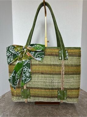 Woven Straw Tote Bag Green Striped Autumn Market Purse Floral Bow Boho Tote Bag